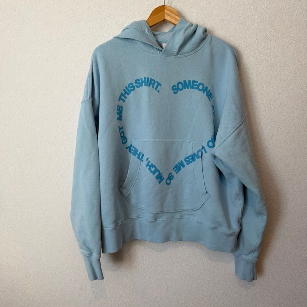 Le Pere Domo Heart Blue Graphic Pullover Hoodie Sweatshirt Women's Size Medium